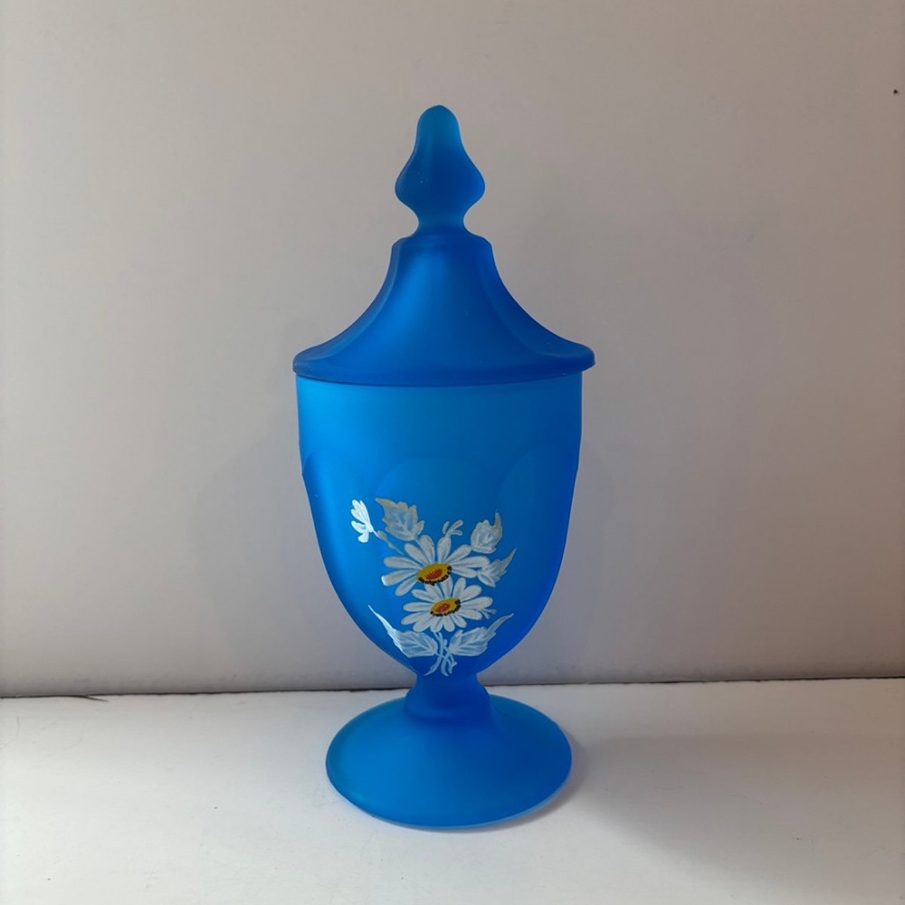 Westmoreland Daisy Decal Blue Mist Satin Glass Footed Candy Box & Lid